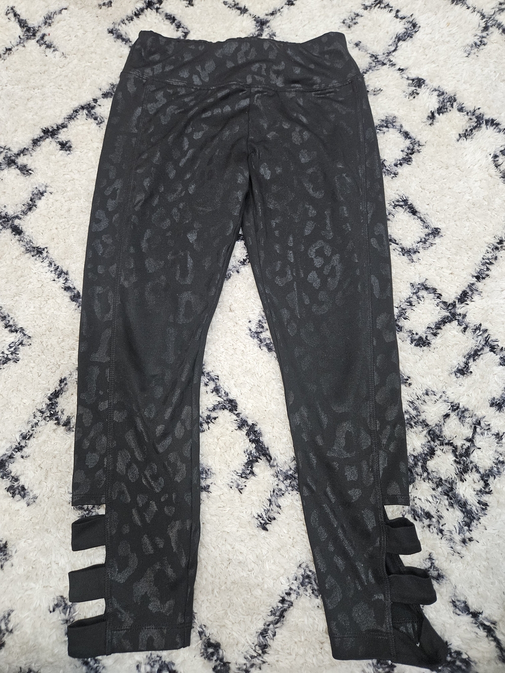 Justice Black Leopard-Print Leggings with Strappy Hem